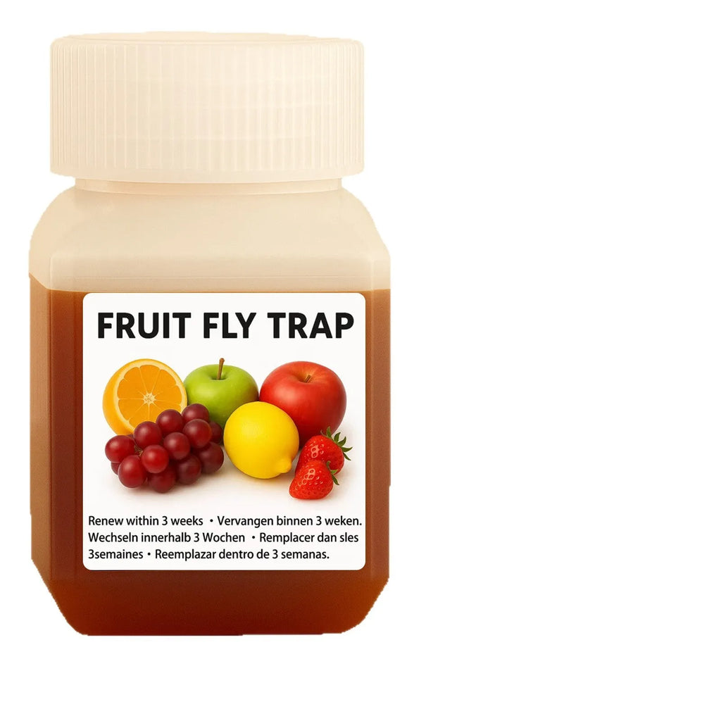 Bottle of SK003 fruit fly bait liquid on a kitchen countertop.