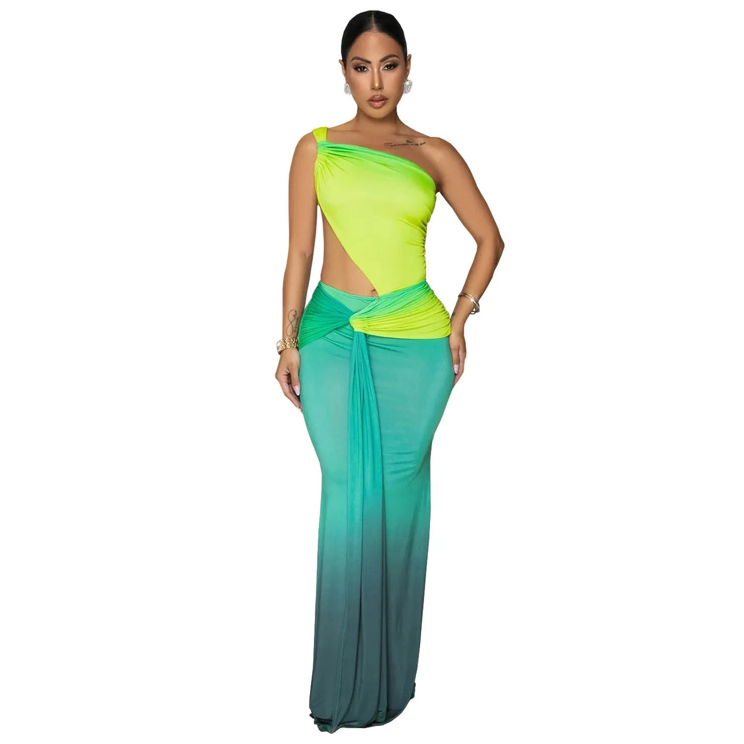 Women's brown gradient cross-shoulder sleeveless maxi dress with a high waist on a mannequin.