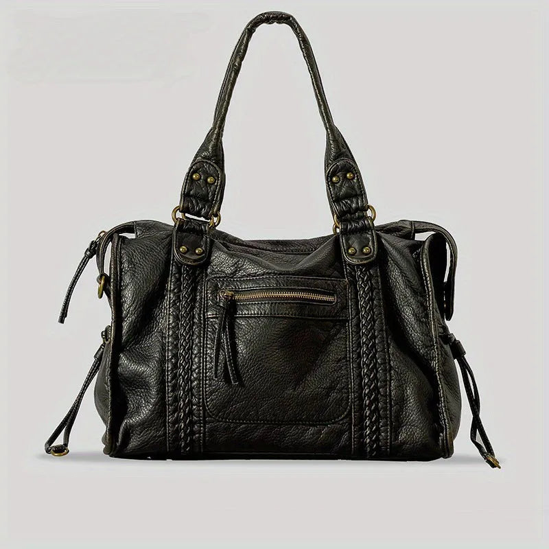 Women's retro motorcycle shoulder messenger bag in brown with weaving design elements and single adjustable strap