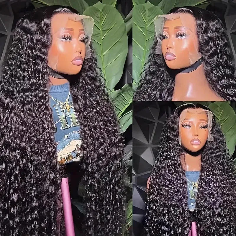 A woman wearing a long curly black synthetic lace wig with side bangs in a small roll wound tube Afro style.