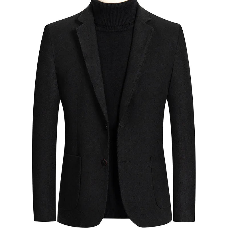 Men's slim-fit wool suit jacket in grey on a hanger.