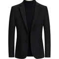 Men's slim-fit wool suit jacket in grey on a hanger.