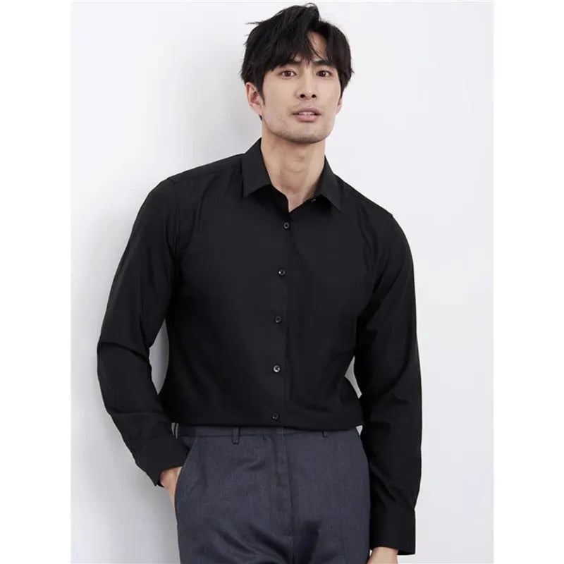 Men's wine red slim fit long sleeve business shirt laid flat, non-iron cardigan style.