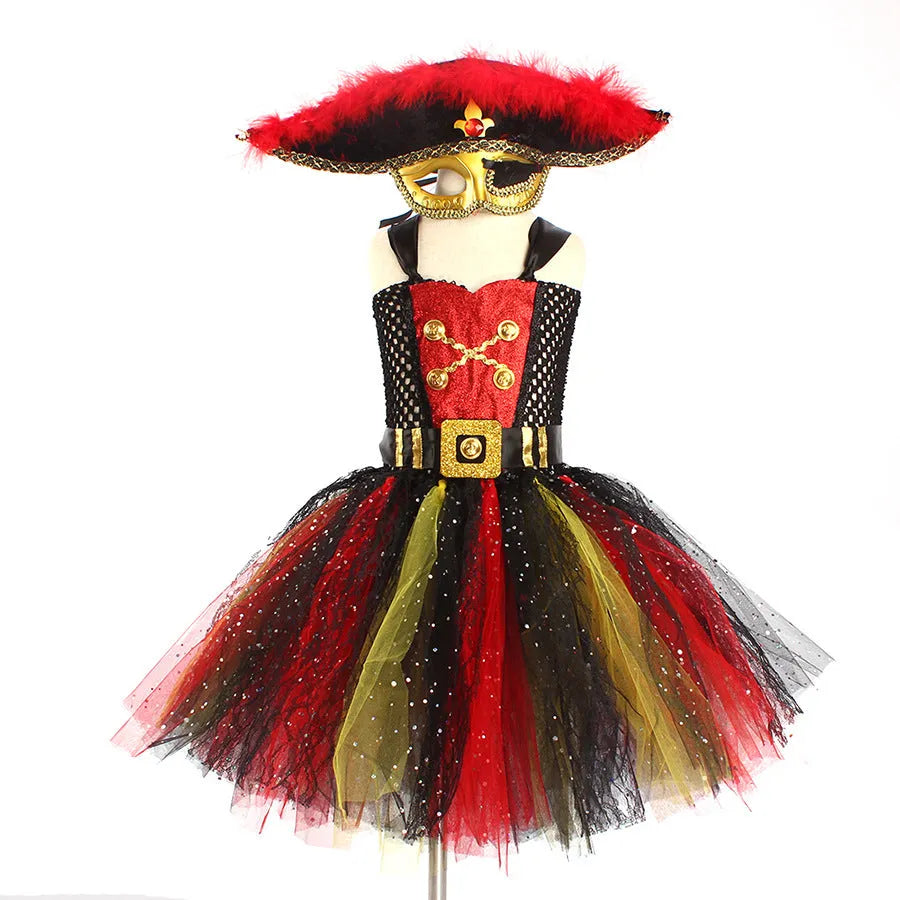 Girls sleeveless pirate costume dress with sequins and gauze mesh, Pirates of the Caribbean themed.