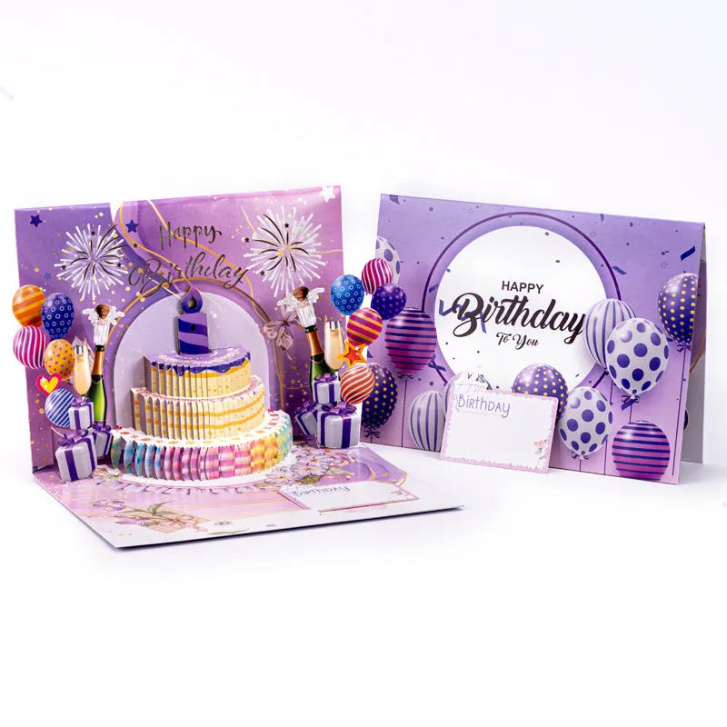 Open 3D cake pop-up greeting card with Chinese ink style artwork, showing manual folding