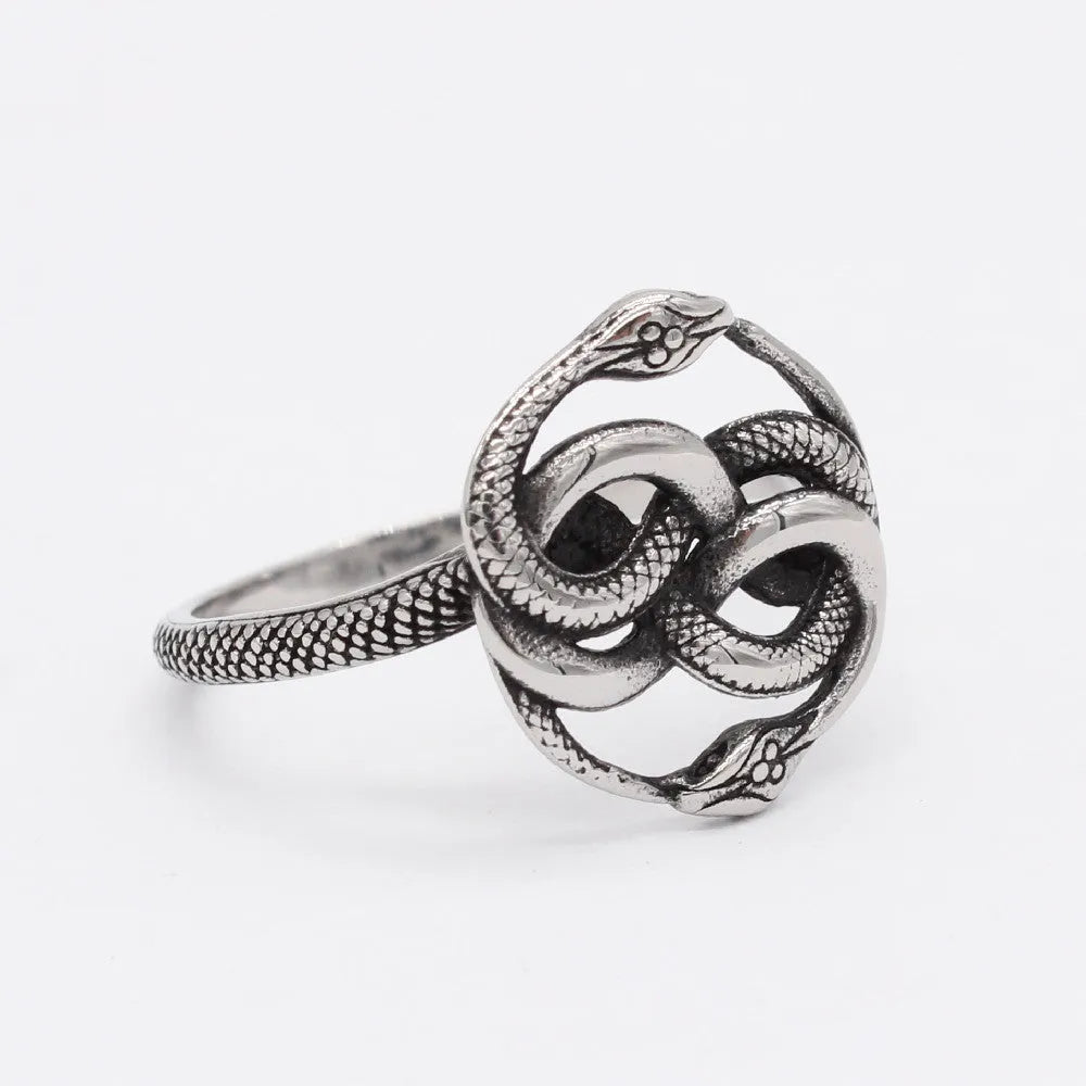 Titanium steel double snake ring in retro style with a steel colour finish, shown on a hand.