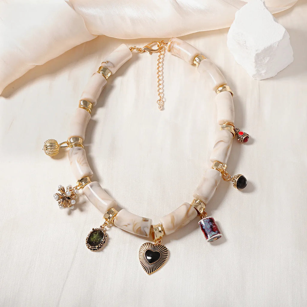Resin bamboo heart pendant necklace with electroplated finish in picture colour
