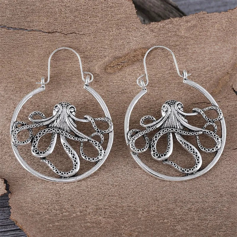 Zinc alloy octopus earrings with electroplated antique silver finish