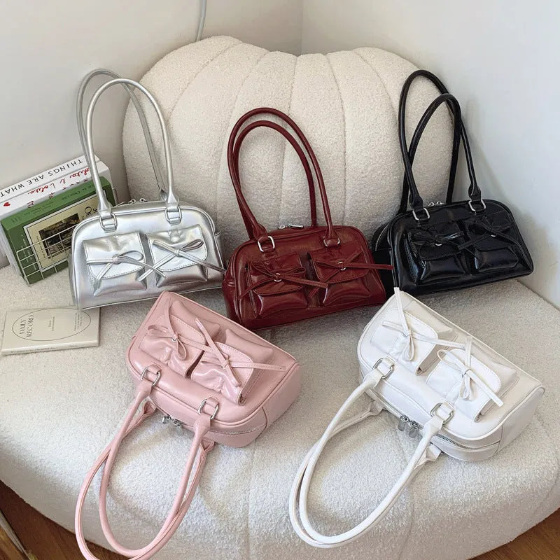 Women's PU shoulder bag horizontal square shape bow stitching detail black colour option