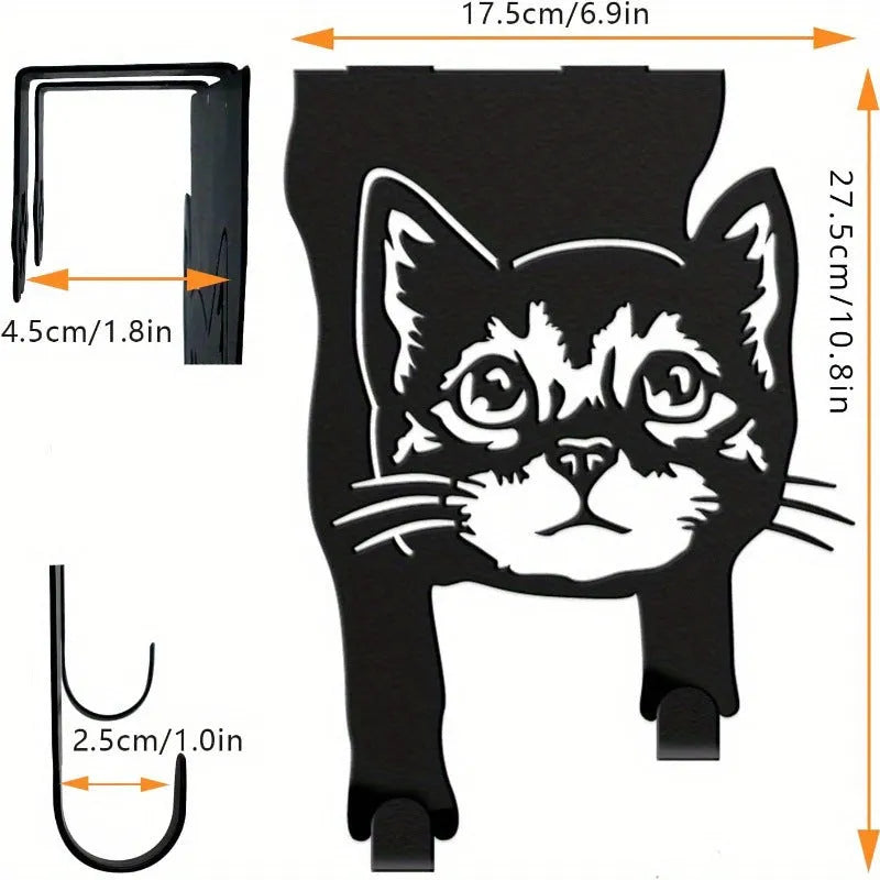 Black iron decorative cat wall hook with punch-free mounting system for accessories