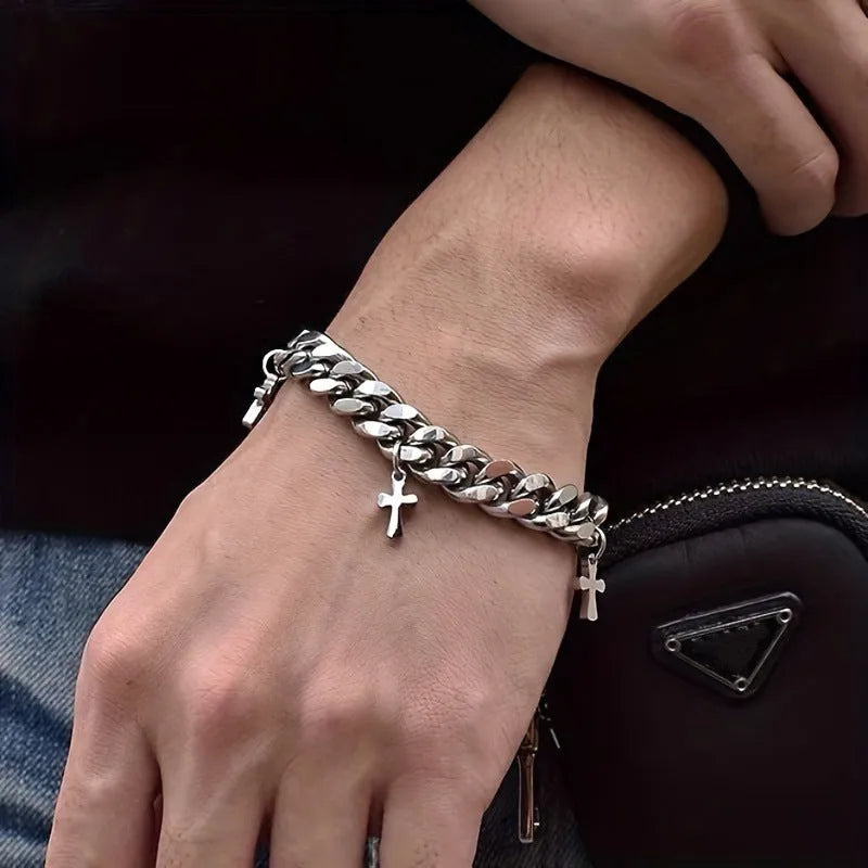 Men's titanium steel bracelet with geometric cross design showing cold wind styling