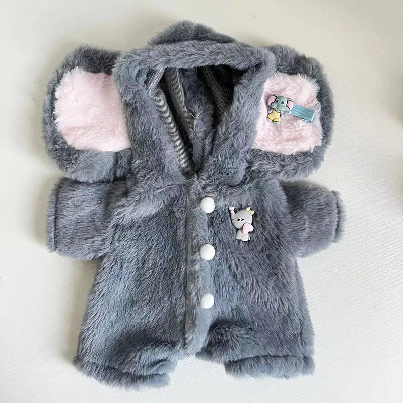 Grey plush elephant jumpsuit costume for a 30cm tall teddy bear on a neutral background.