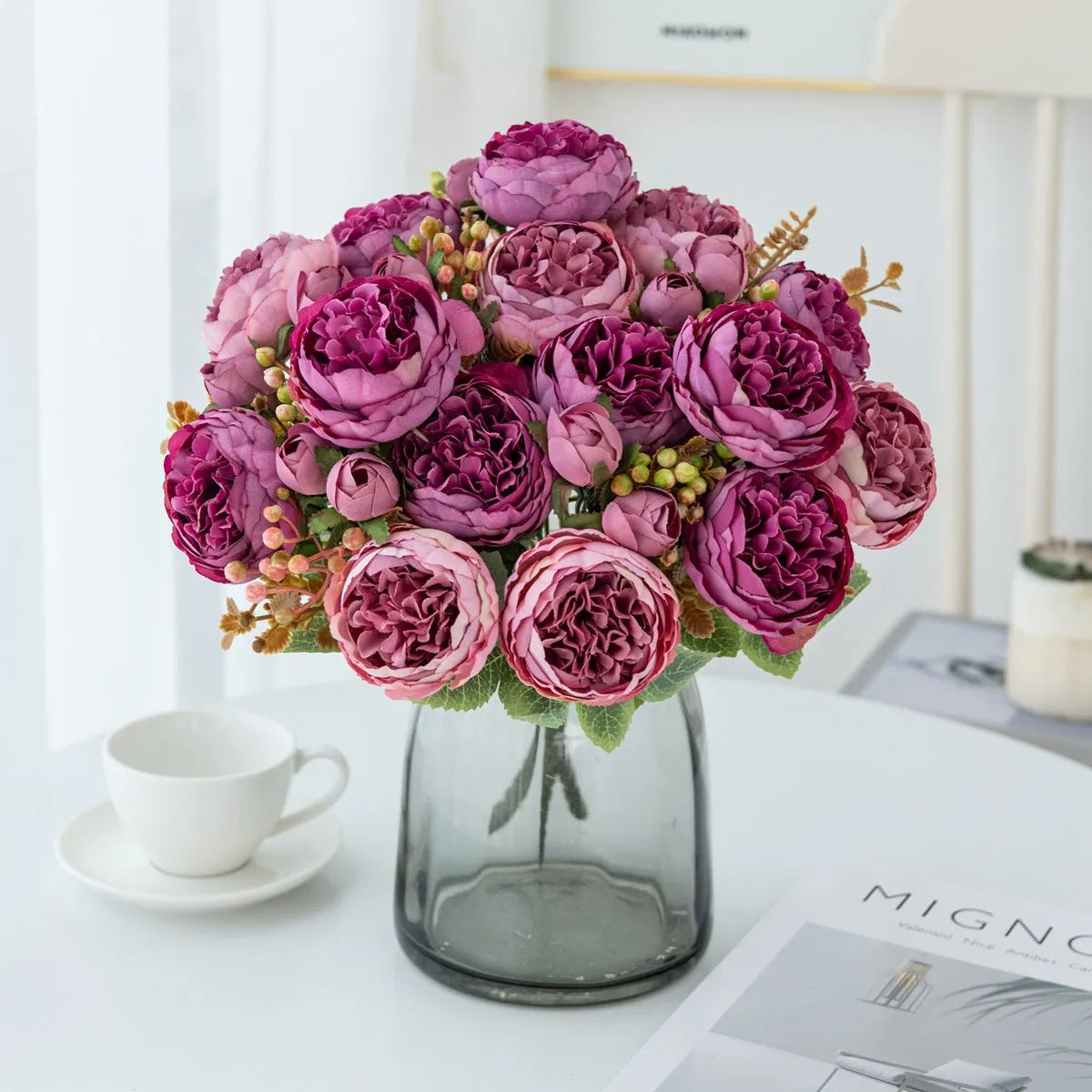 Artificial silk peony flower bouquet in a vase, showcasing champagne colour and realistic petal texture.
