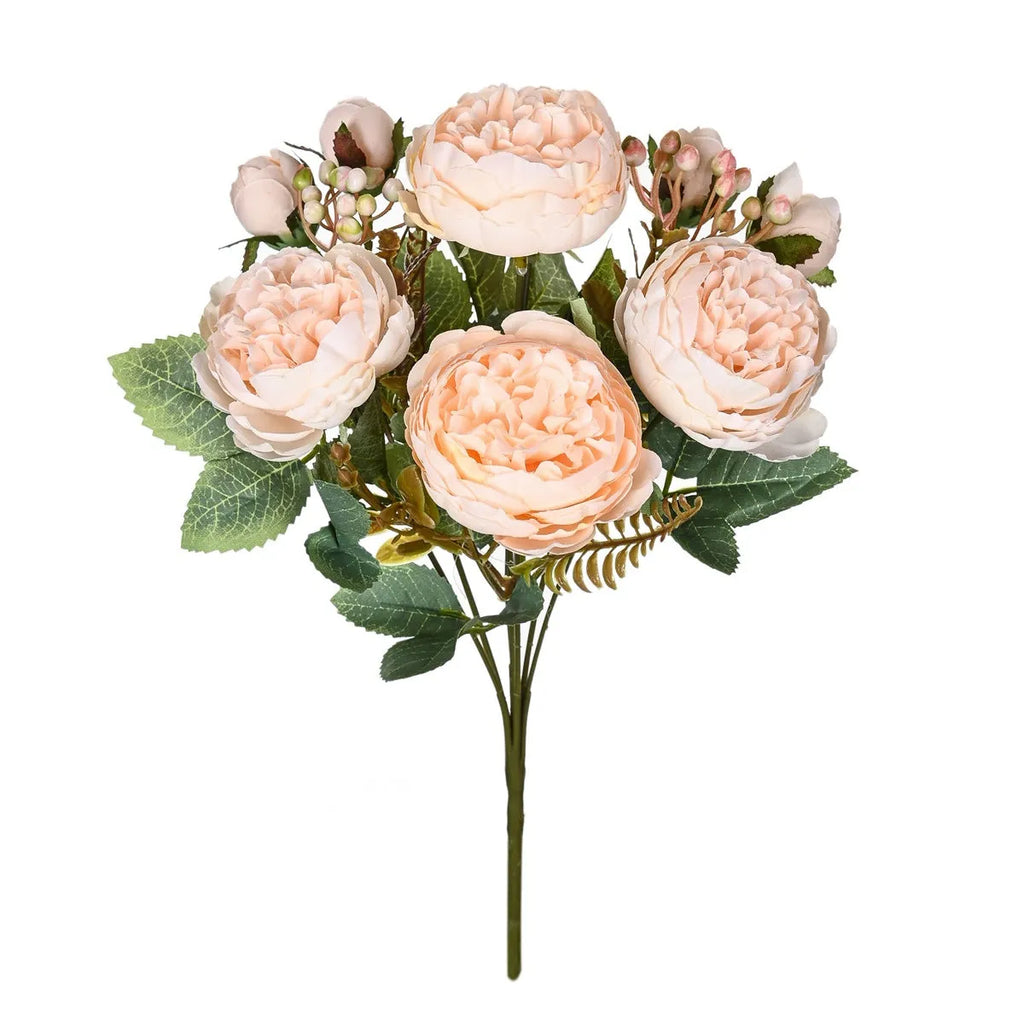 Artificial silk peony flower bouquet in a vase, showcasing champagne colour and realistic petal texture.