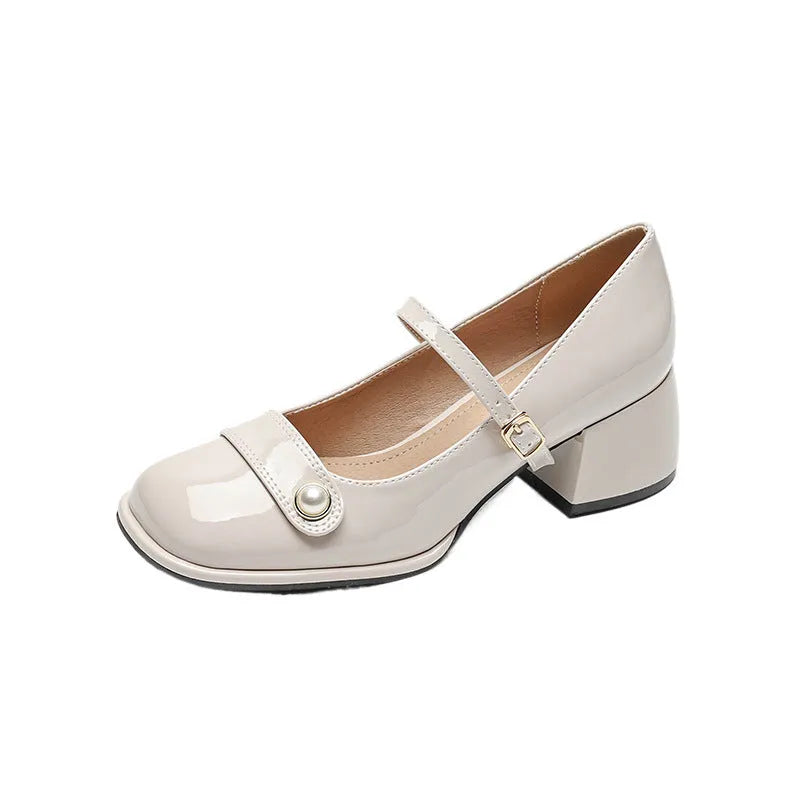 Plus size patent leather ankle boots with buckle and chunky heel in apricot, black, or wine red.
