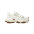 Beige women's platform heel dad sneakers with round toe and front lace-up fastening.