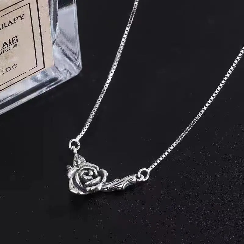 Retro black rose necklace for women with copper cross chain and vintage rose distressed flower pendant