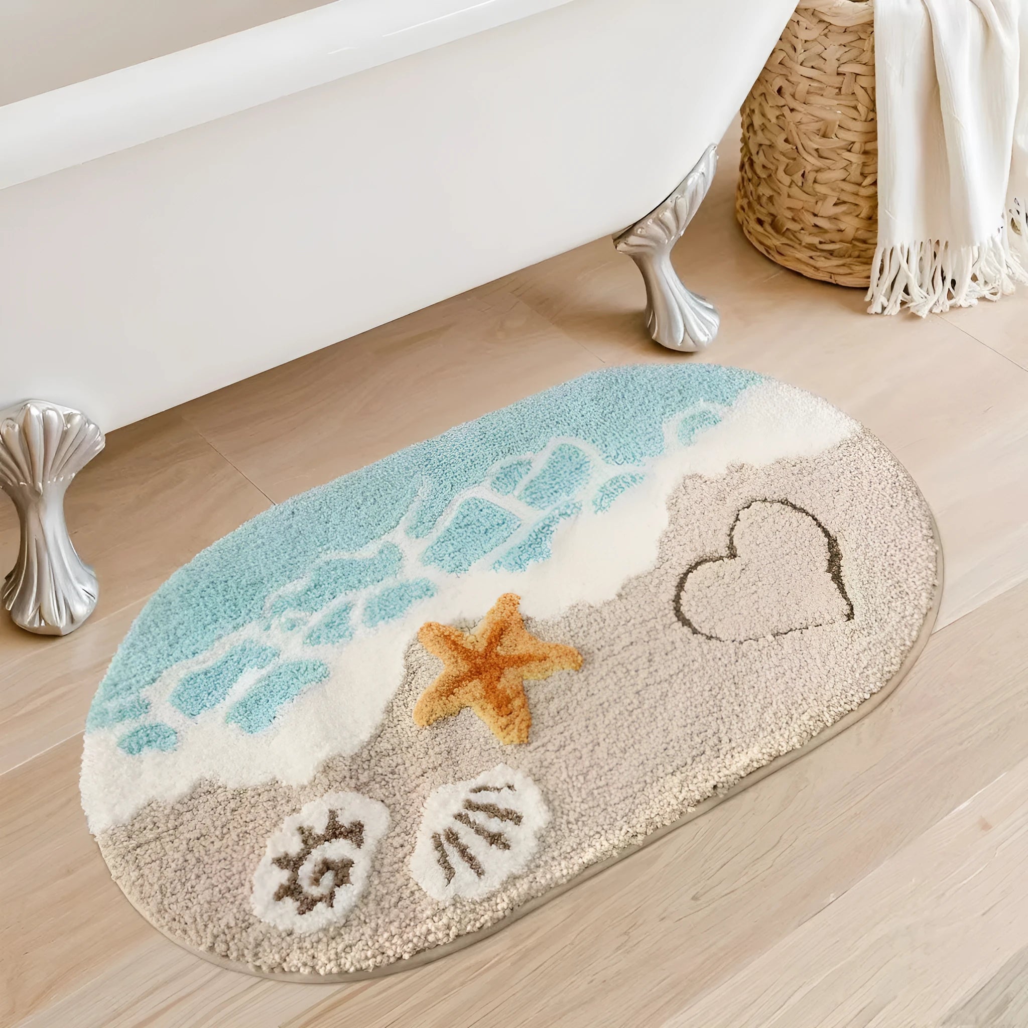 Square rainbow print floor mat with sky and sea colours on a flat, light-coloured polyester fibre pile.