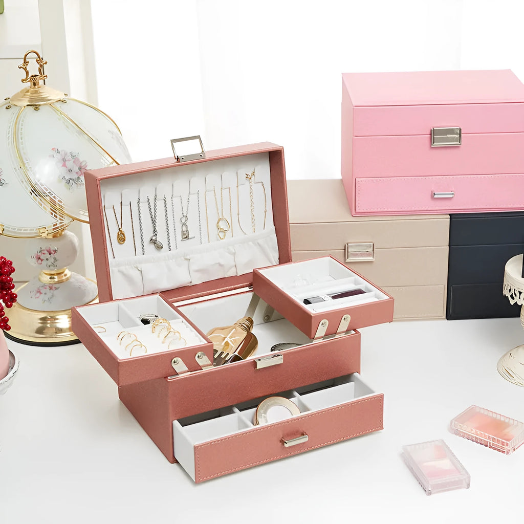 PU leather jewellery storage box in black pink rose gold or beige measuring 22.5cm × 15.5cm × 14cm