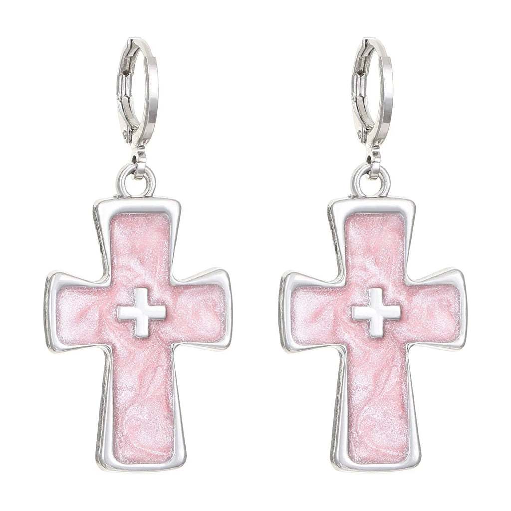 Women's alloy drop earrings showing cross, heart, and animal designs in five colour finishes