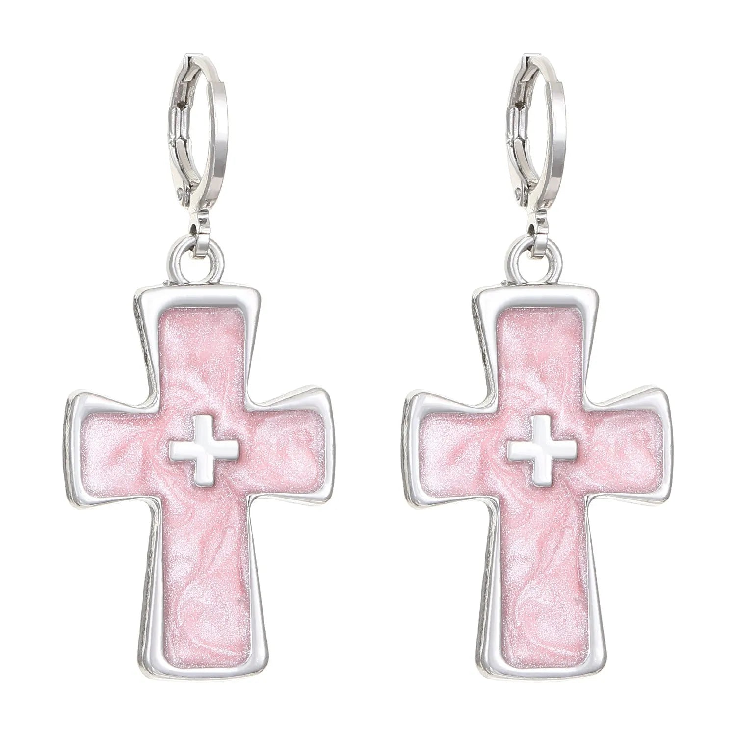 Women's alloy drop earrings showing cross, heart, and animal designs in five colour finishes