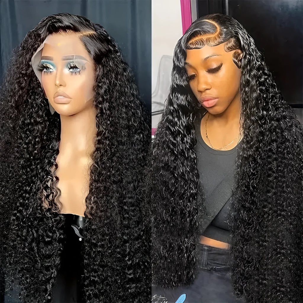 A woman wearing a long curly black synthetic lace wig with side bangs in a small roll wound tube Afro style.