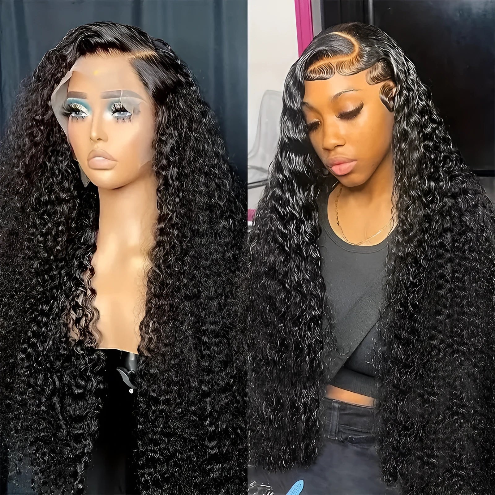 A woman wearing a long curly black synthetic lace wig with side bangs in a small roll wound tube Afro style.