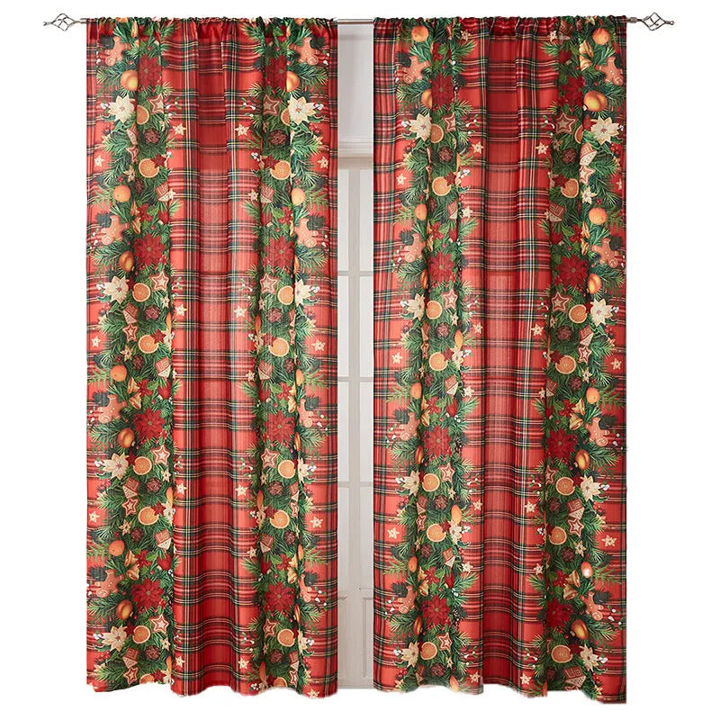 American-style rectangular curtain with printed festive design showing semi-sunshade function