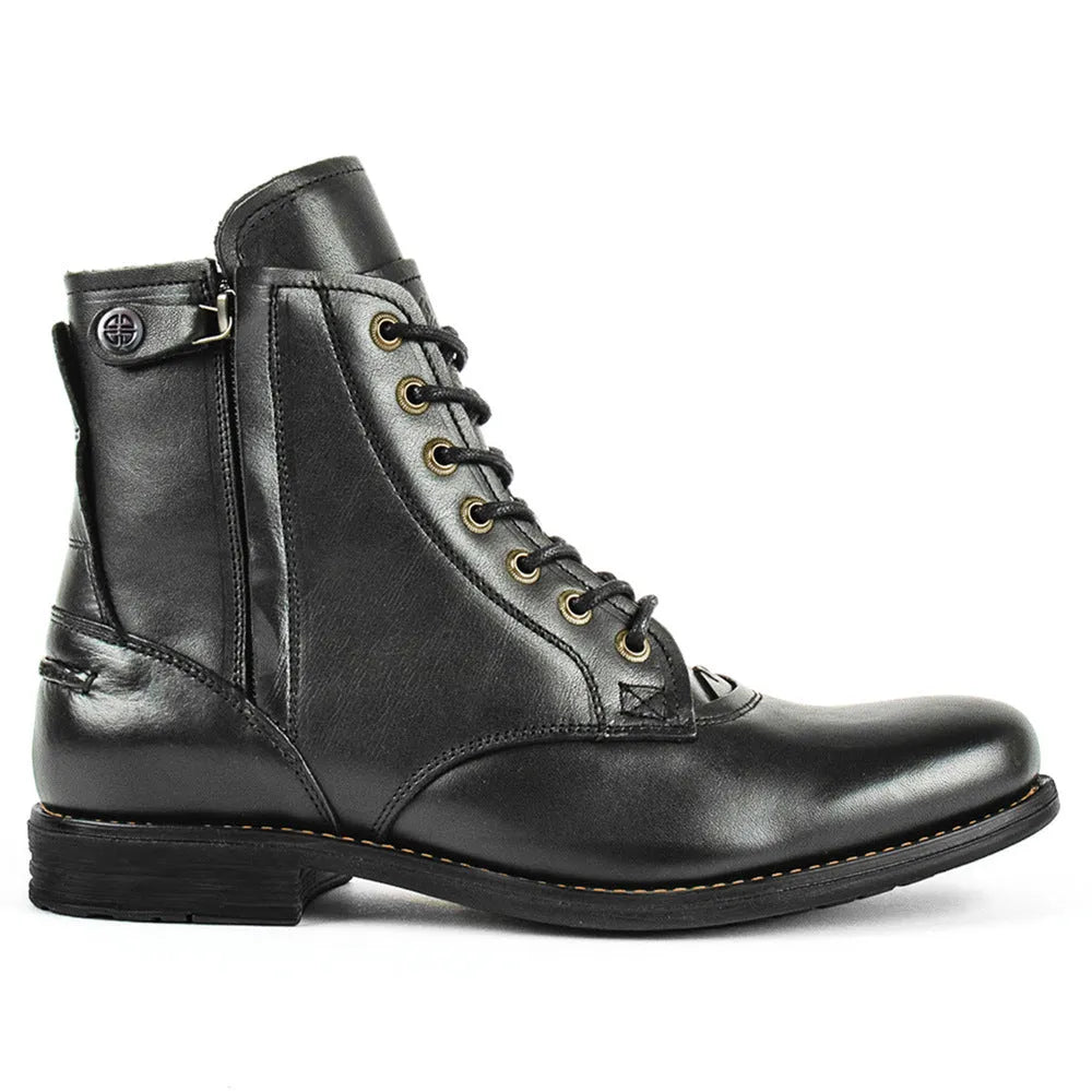 Men's black leather Knight Series boot with side zip and low heel.