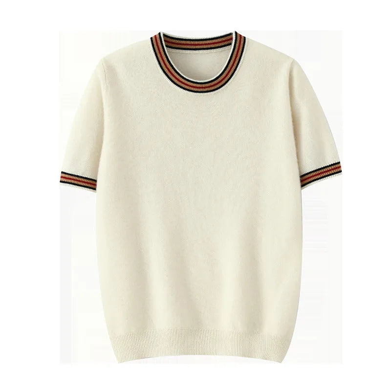 A man's short sleeve pure wool sweater with a round neck, shown in a neutral colour.