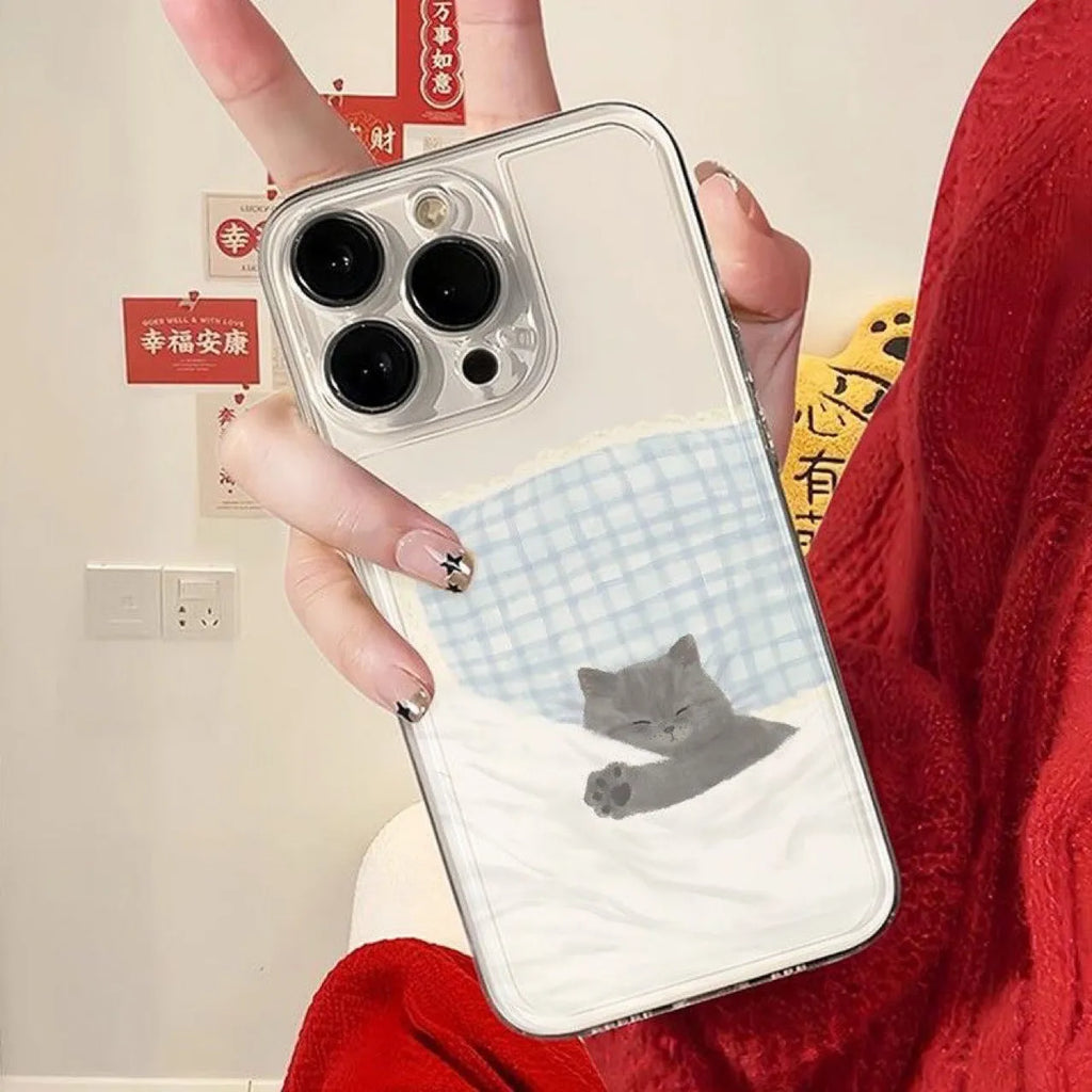 Transparent TPU iPhone case with sleeping cat or dog pattern design