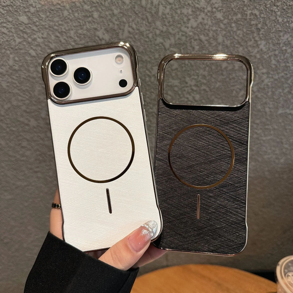 Electroplated magnetic frameless phone case for iPhone 17 in multiple colour options.