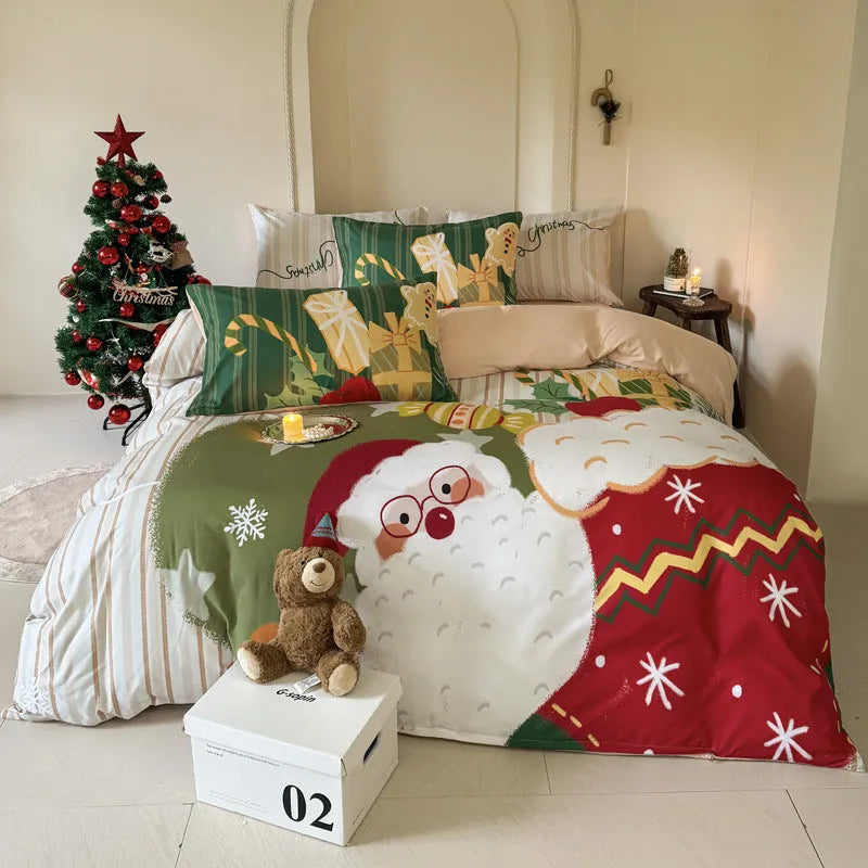 Christmas cartoon printed duvet cover and pillowcases on a bed, showing Gingerbread Man pattern.