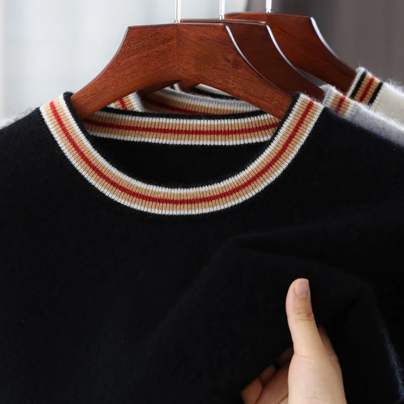 A man's short sleeve pure wool sweater with a round neck, shown in a neutral colour.