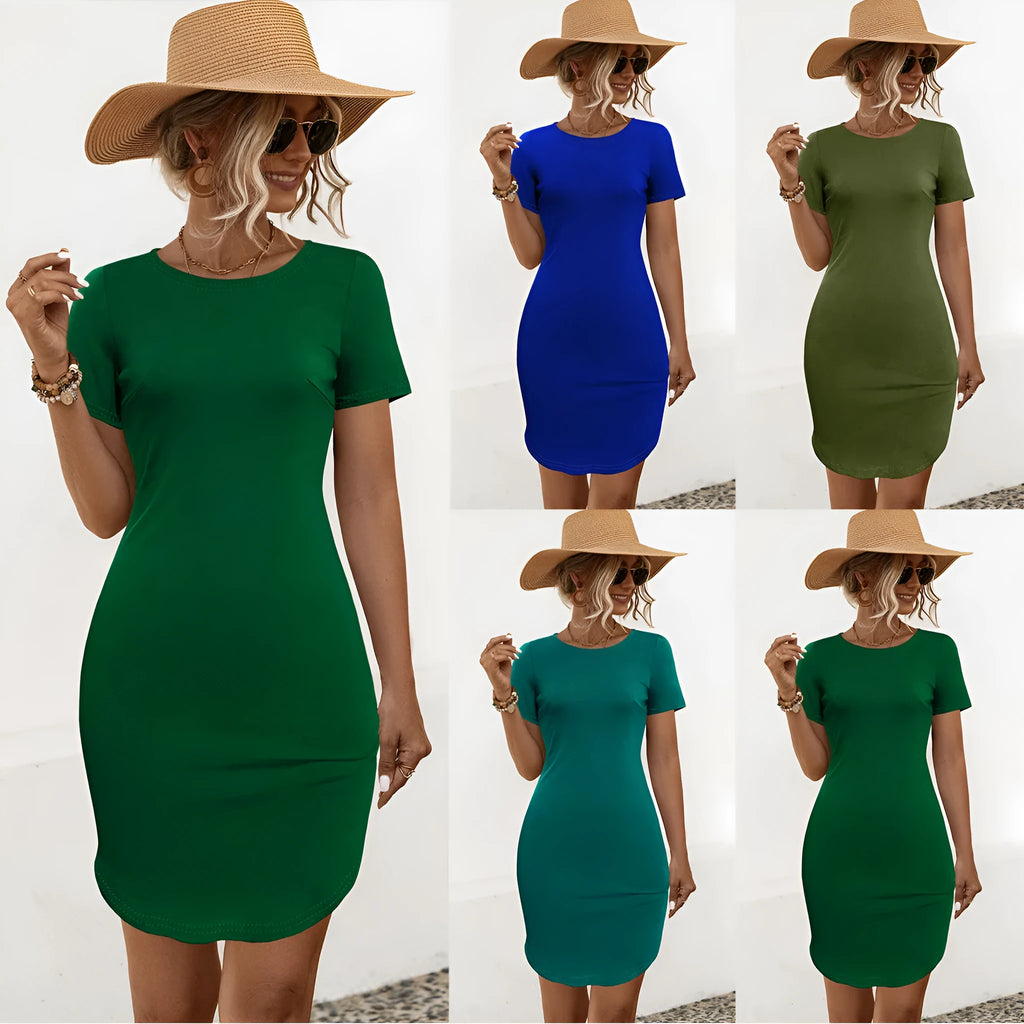 Women's slim fit short sleeve dress with U-shaped neckline in Army Green colour