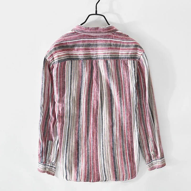 Men's striped linen shirt in red or grey with long sleeves and loose fit