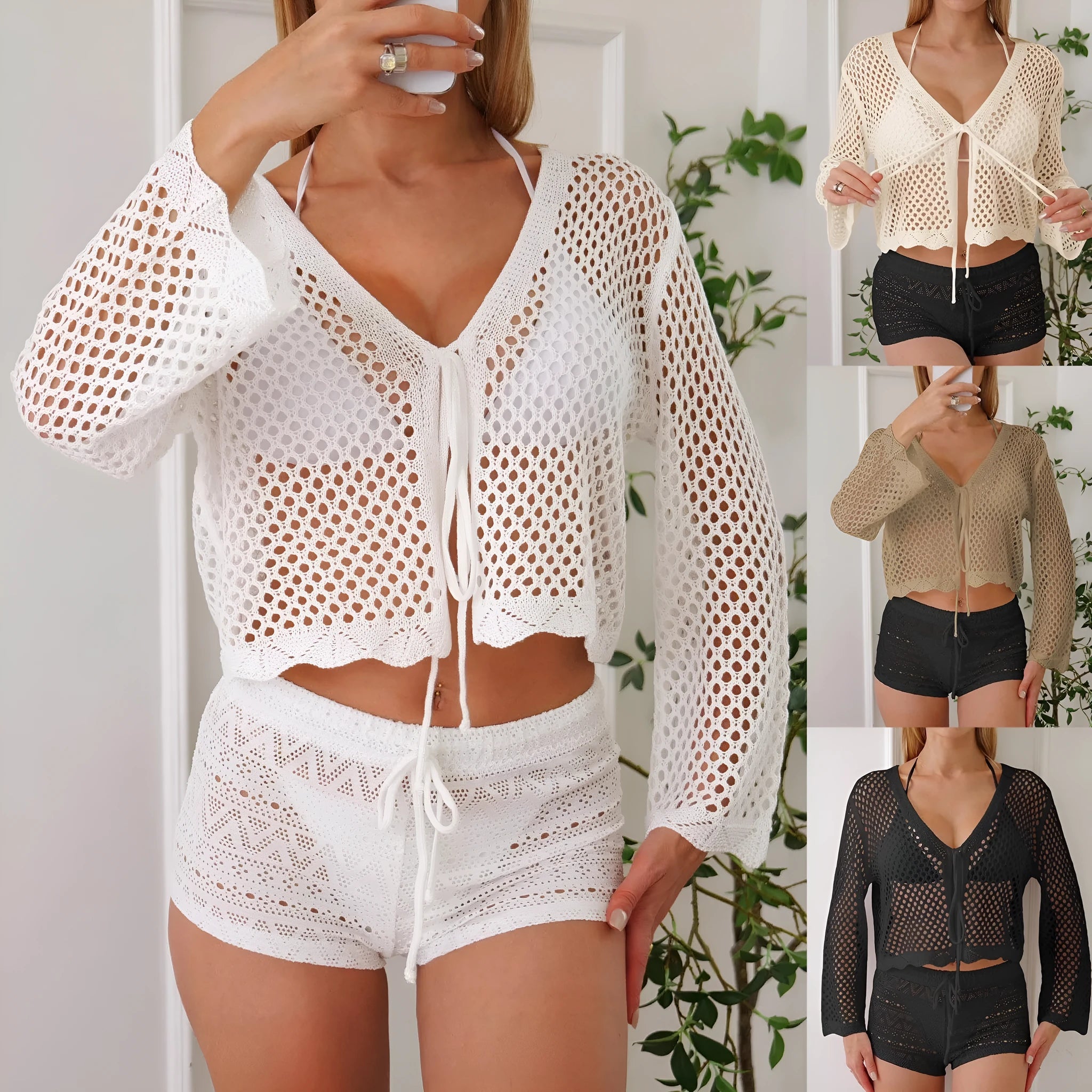 Short apricot coloured women's cardigan blouse with flared bell sleeves, laid flat.