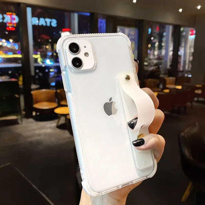 Clear two-tone silicone phone case with a built-in stand, shown in various colours.