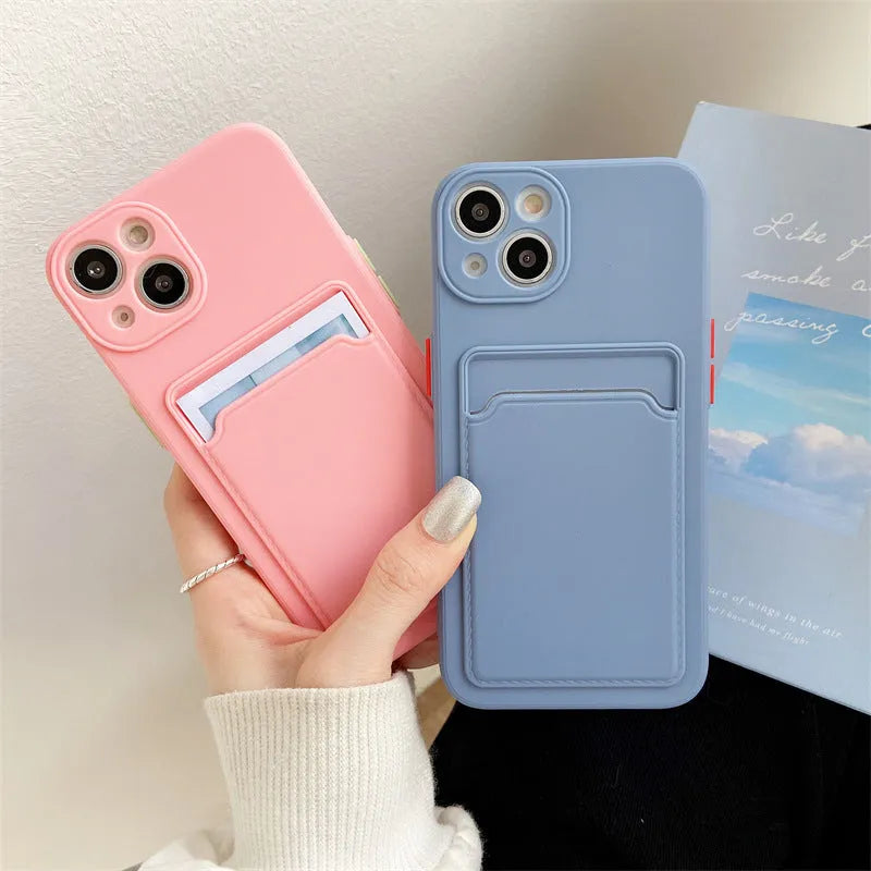 Sky Blue silicone iPhone case with colour blocking design showing card slot on back