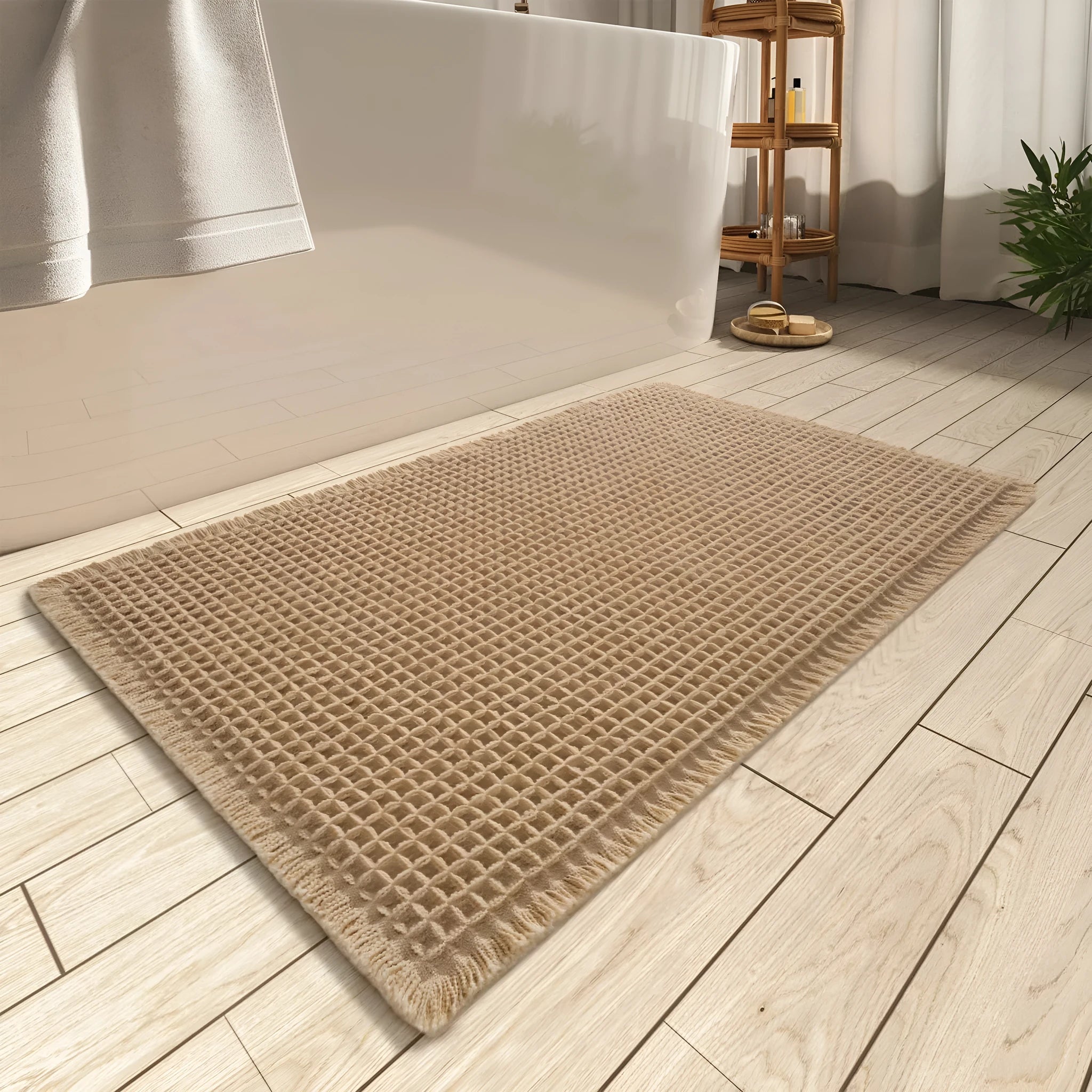A beige checkered non-slip polyester bathroom carpet on a tiled floor.