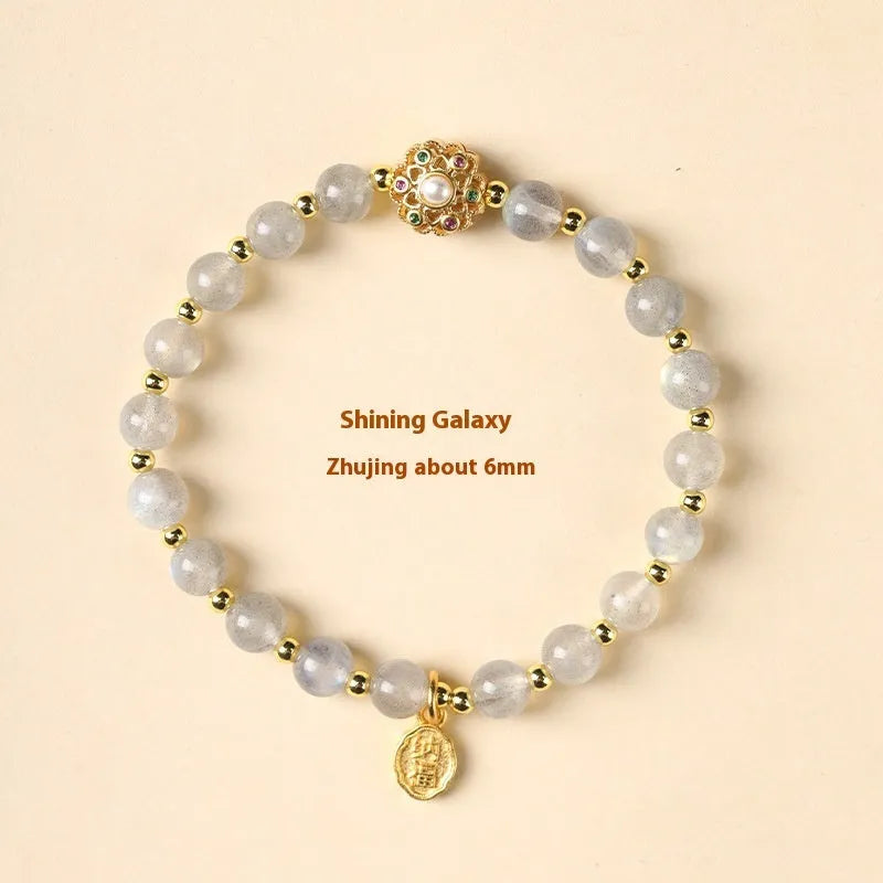 Hand-woven crystal bracelet with gray moonstone, sunstone and strawberry quartz 6mm beads