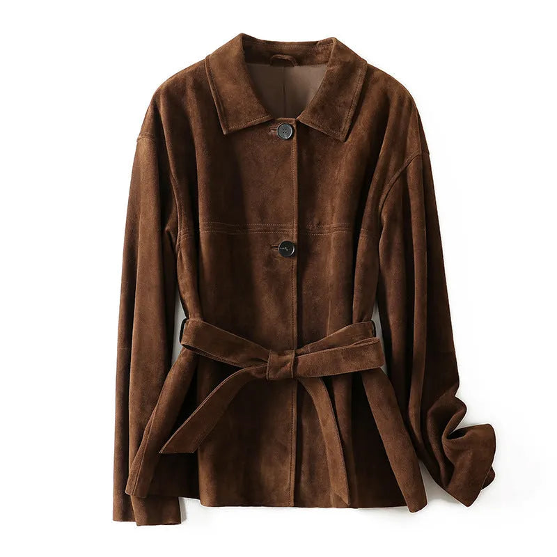 Yellow brown cashmere mid-length coat with a leather belt and a flat Peter Pan collar on a hanger.