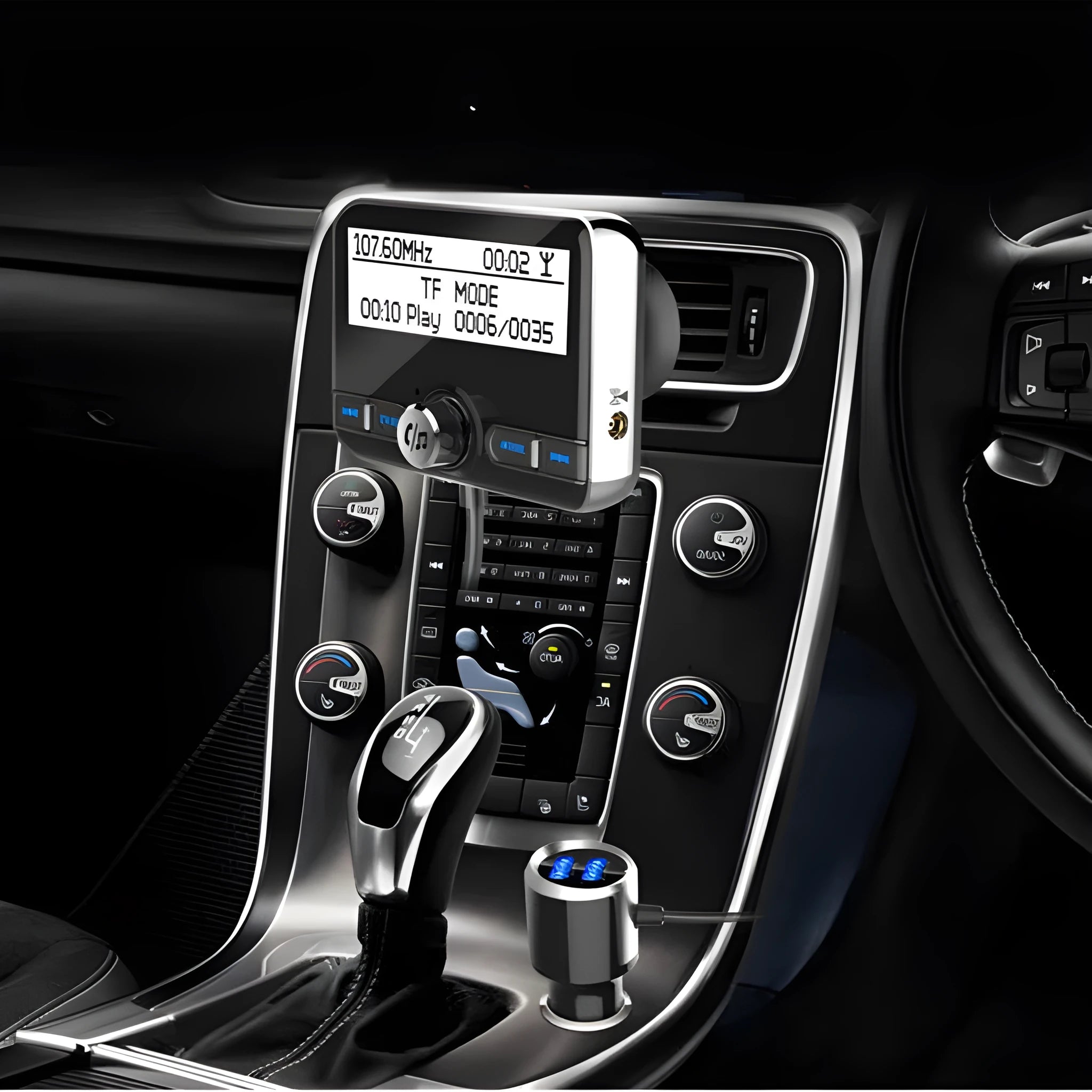 2.4 inch car DAB digital radio adapter with LCD screen and black ABS plastic casing on a car dashboard