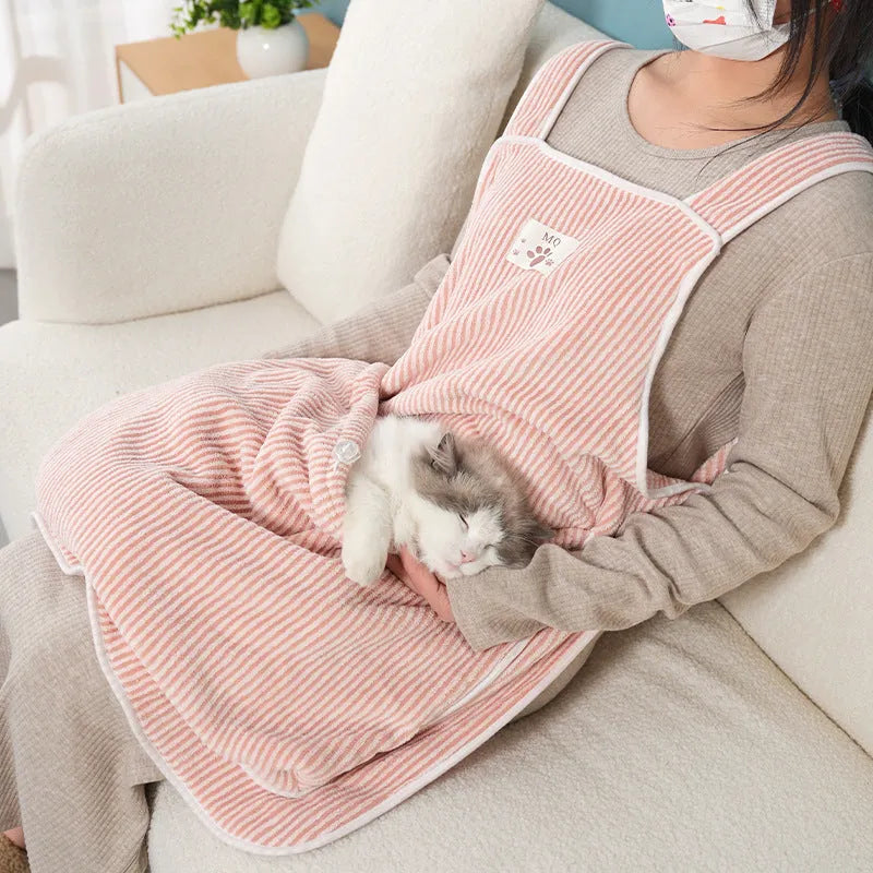 Cat petting apron in cloth material showing colour options including pink, light blue, light purple and striped patterns