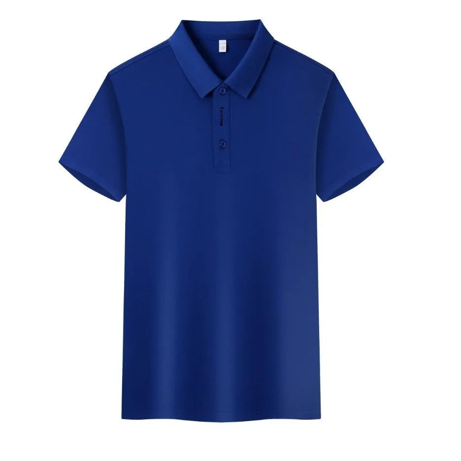 Cotton lapel collar polo T-shirt on a hanger, available in multiple colours including Aerospace Blue.