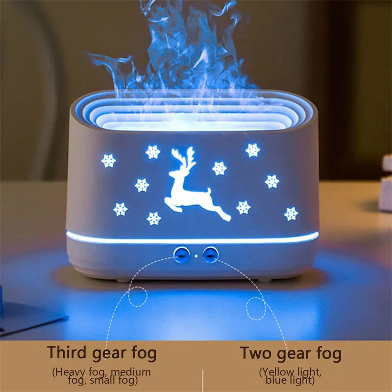White round Elk flame effect humidifier diffuser with night light on a table.