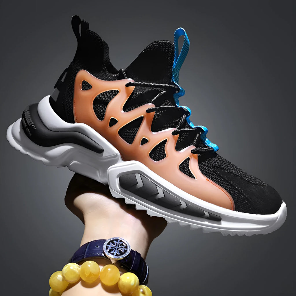 Men's black mesh athletic running shoes with thick EVA sole and lace-up closure
