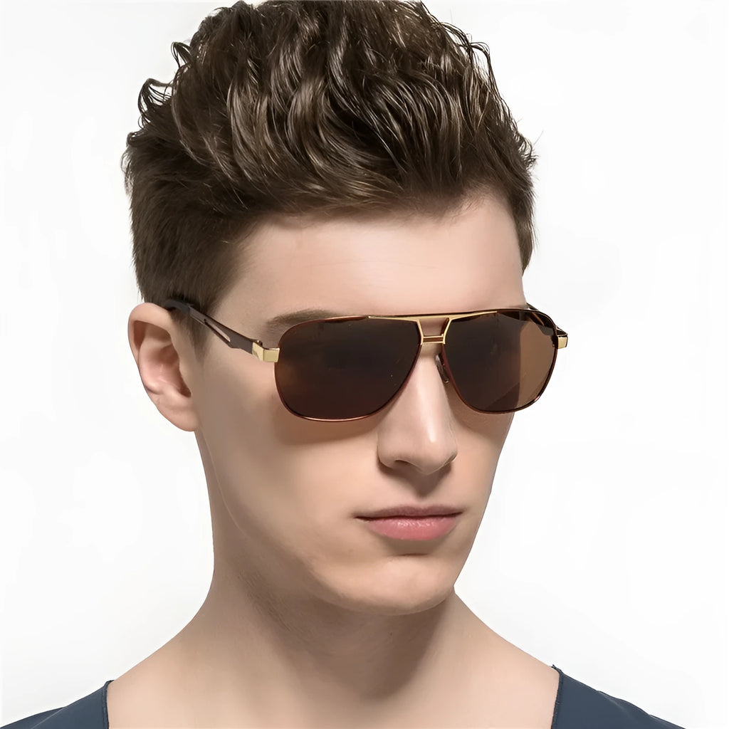 Men's orange red polarised aviator sunglasses with a metal frame and HD lenses.