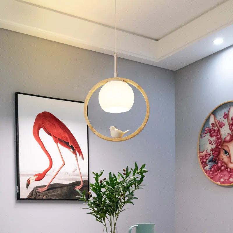 Nordic solid wood bird pendant light for corridor or staircase, single head style, simple modern design