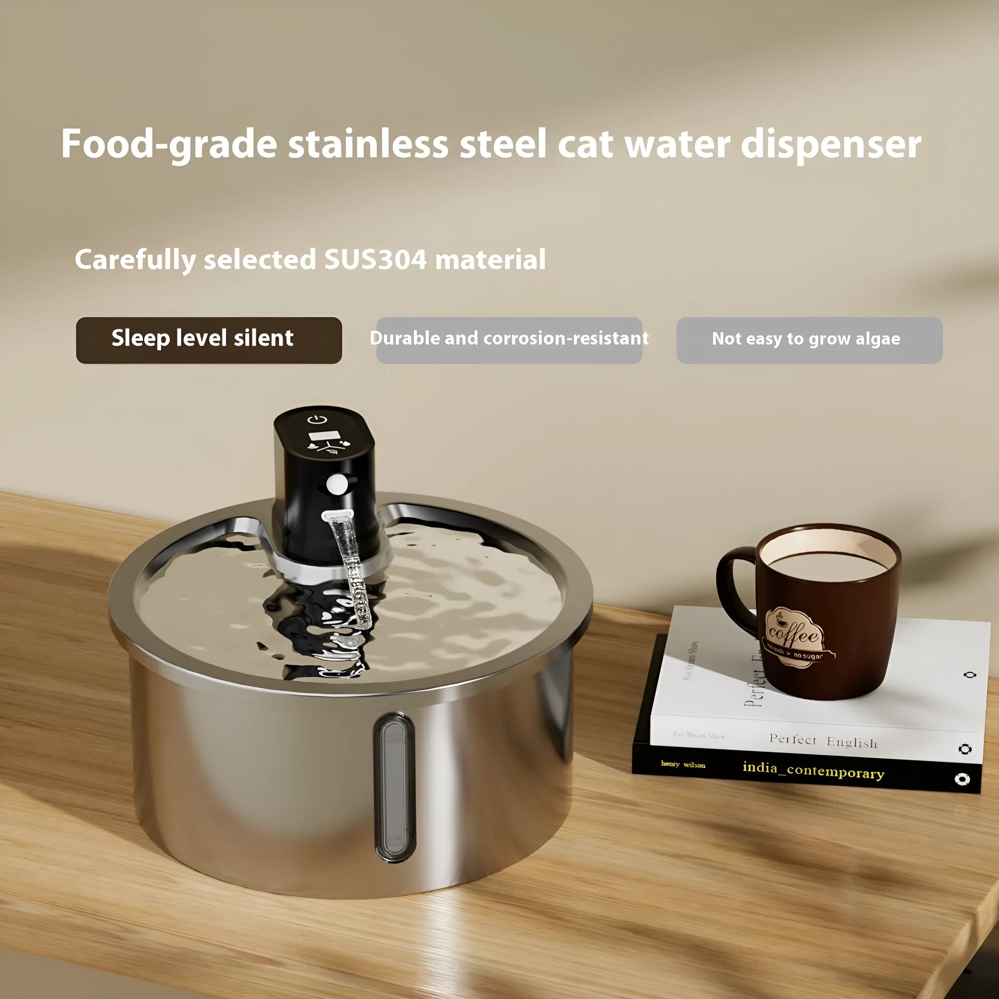 Stainless steel pet water fountain with a white constant temperature heating base on a wooden floor.